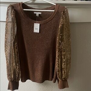Cato Brown and Gold Blouse with Sheer Sleeves